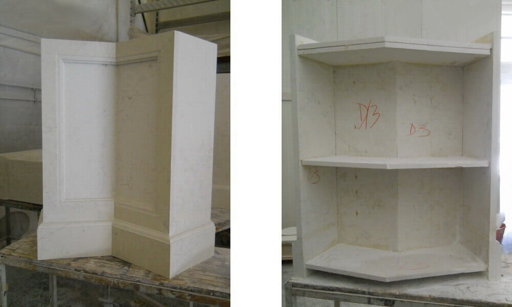 Vista frontale e posteriore di un basamento in marmo scatolato